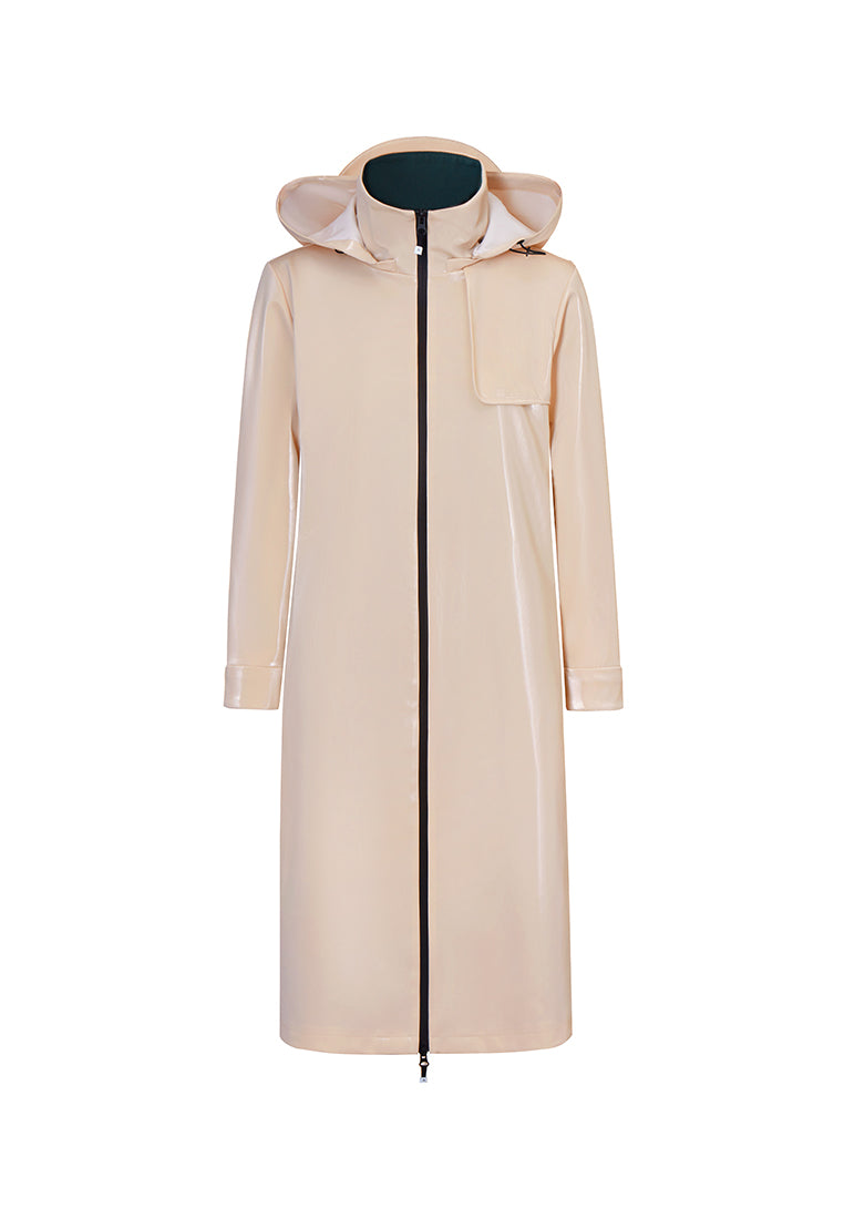 Juniper Glossy Long Windbreaker with Detachable Hood and Side Pockets