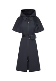 Aphrodite Belted Mid-Length Water- and Wind-resistant Coat with Pleated Cape