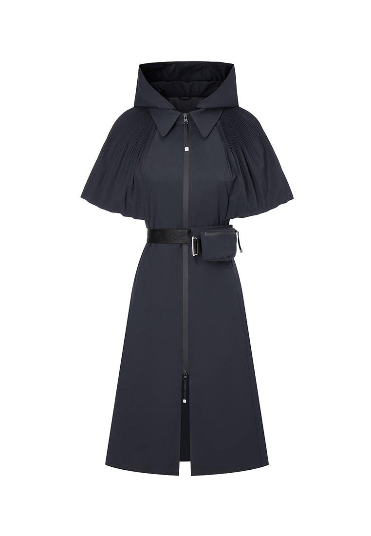 Aphrodite Belted Mid-Length Water- and Wind-resistant Coat with Pleated Cape