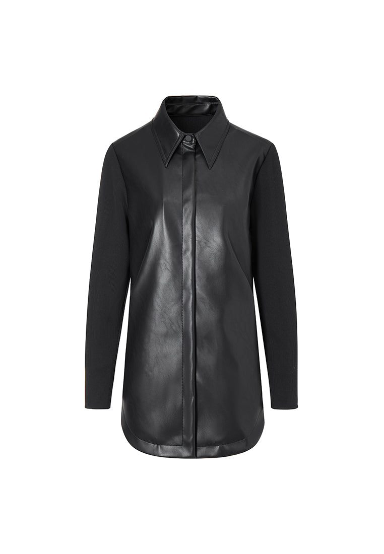 Lyre Waterproof Vegan Leather Shirtdress with Ribbed Knit Panels