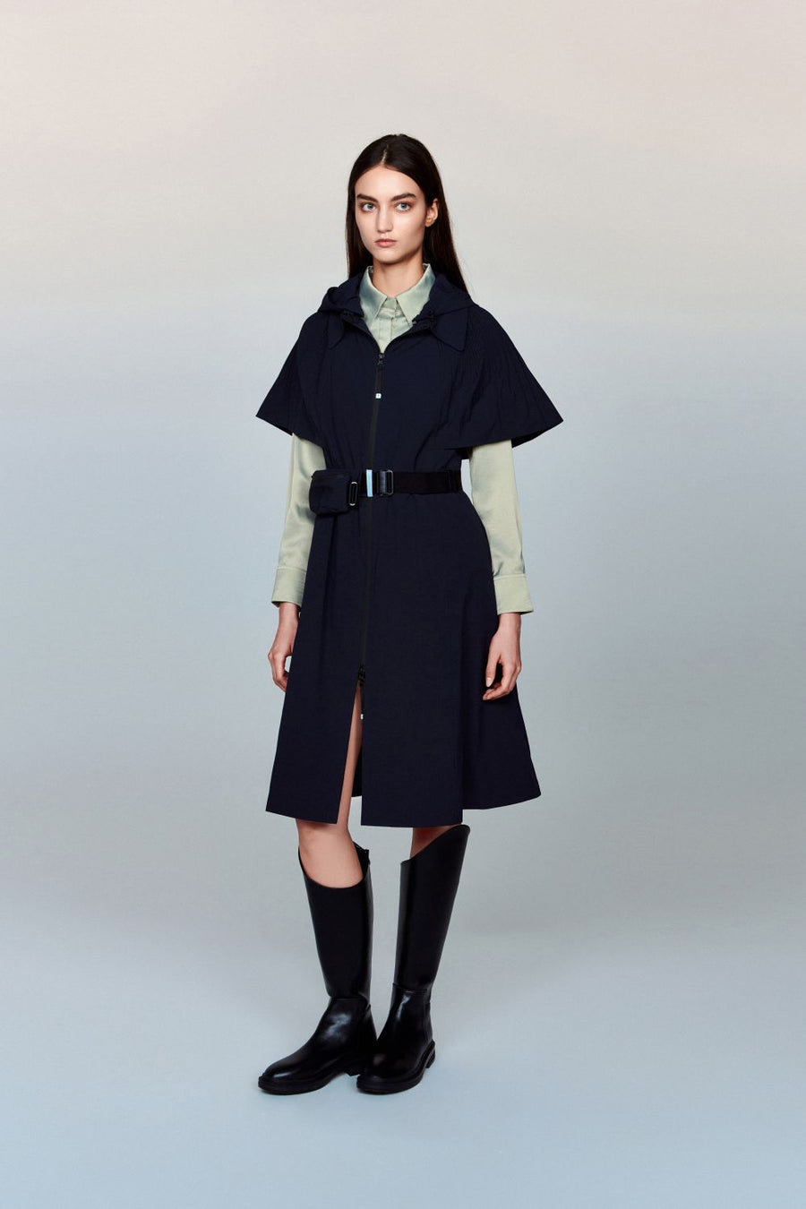 Aphrodite Belted Mid-Length Water- and Wind-resistant Coat with Pleated Cape