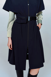 Aphrodite Belted Mid-Length Water- and Wind-resistant Coat with Pleated Cape