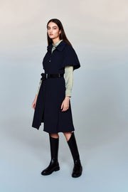 Aphrodite Belted Mid-Length Water- and Wind-resistant Coat with Pleated Cape