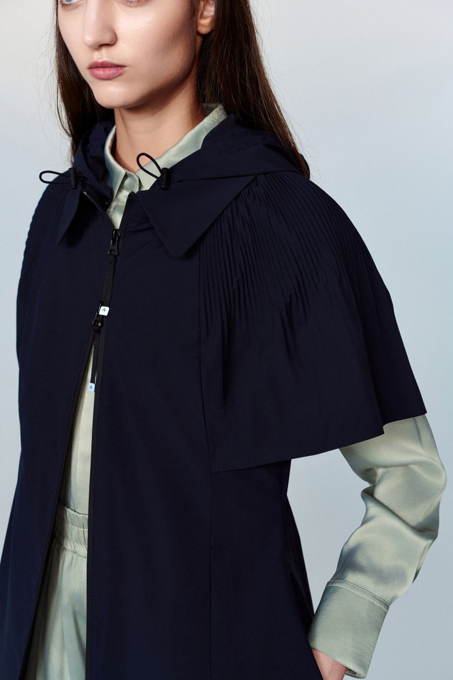 Aphrodite Belted Mid-Length Water- and Wind-resistant Coat with Pleated Cape