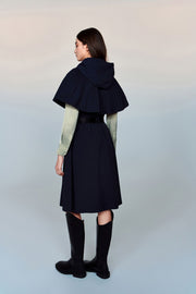 Aphrodite Belted Mid-Length Water- and Wind-resistant Coat with Pleated Cape