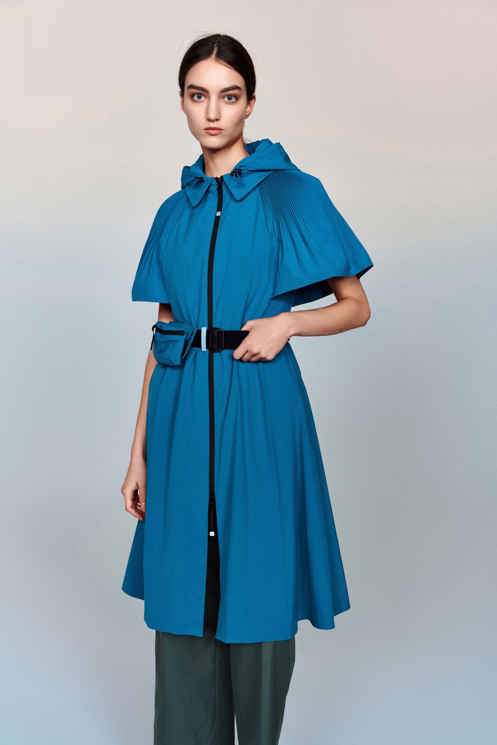 Aphrodite Belted Mid-Length Water- and Wind-resistant Coat with Pleated Cape