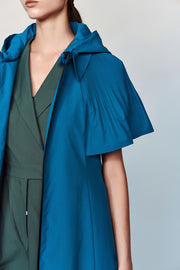 Aphrodite Belted Mid-Length Water- and Wind-resistant Coat with Pleated Cape
