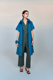 Aphrodite Belted Mid-Length Water- and Wind-resistant Coat with Pleated Cape