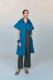 Aphrodite Belted Mid-Length Water- and Wind-resistant Coat with Pleated Cape