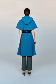 Aphrodite Belted Mid-Length Water- and Wind-resistant Coat with Pleated Cape