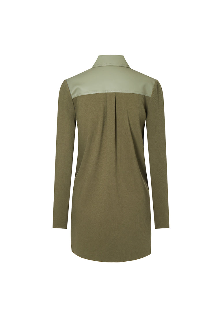 Lyre Waterproof Vegan Leather Shirtdress with Ribbed Knit Panels
