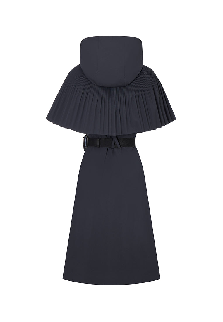 Aphrodite Belted Mid-Length Water- and Wind-resistant Coat with Pleated Cape