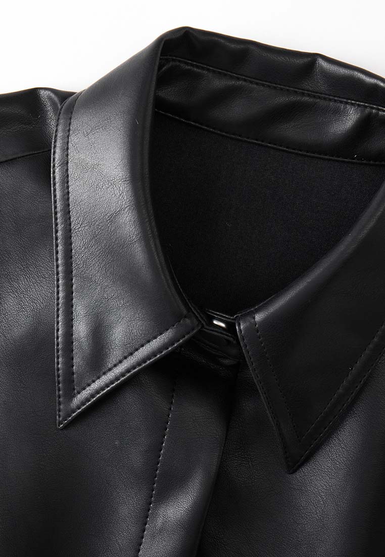 Lyre Waterproof Vegan Leather Shirtdress with Ribbed Knit Panels