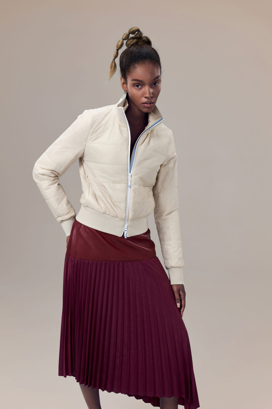 Savoy Recycled Polyester Pleated Skirt with Sustainable Vegan Leather Panels