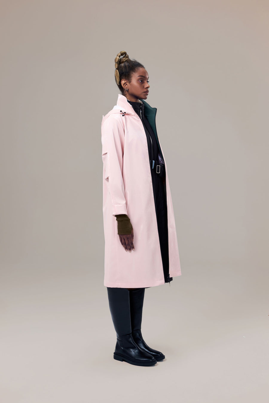 Juniper Glossy Long Windbreaker with Detachable Hood and Side Pockets