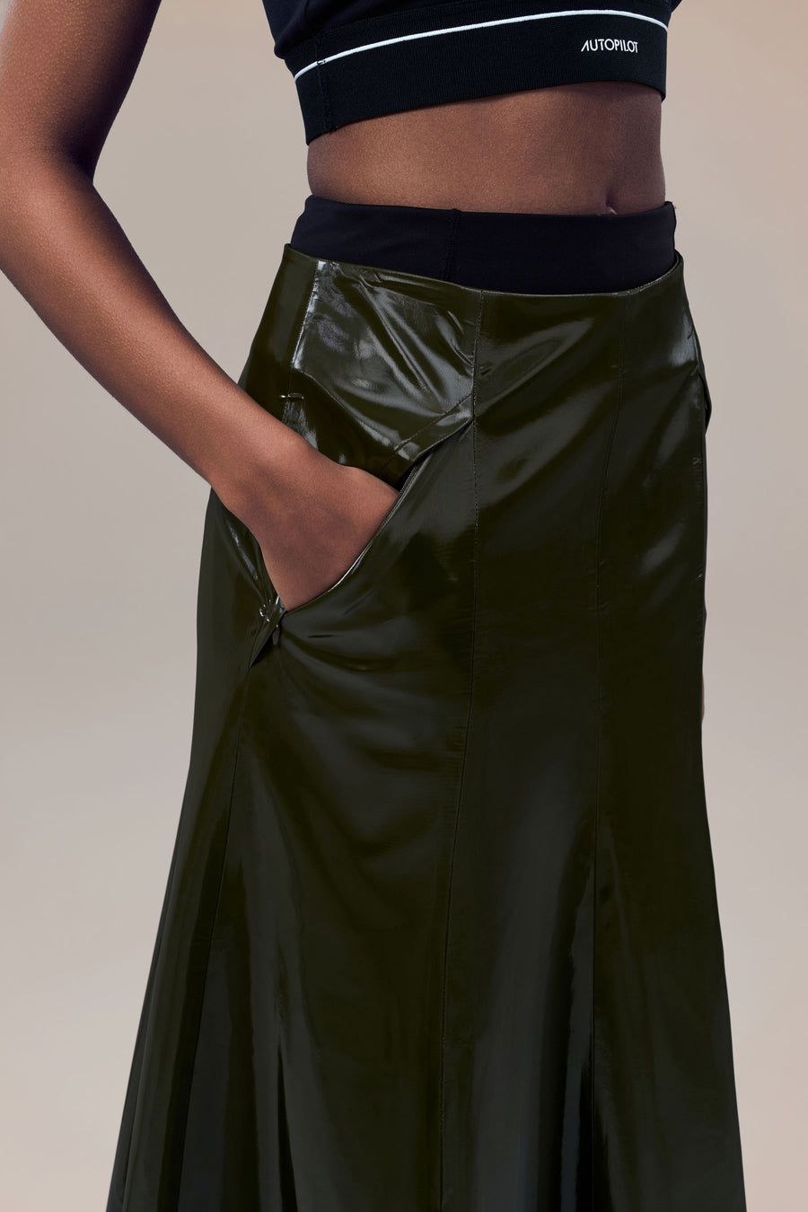 Rhodes Glossy Water-Resistent Knee-Length Skirt with Side Pockets