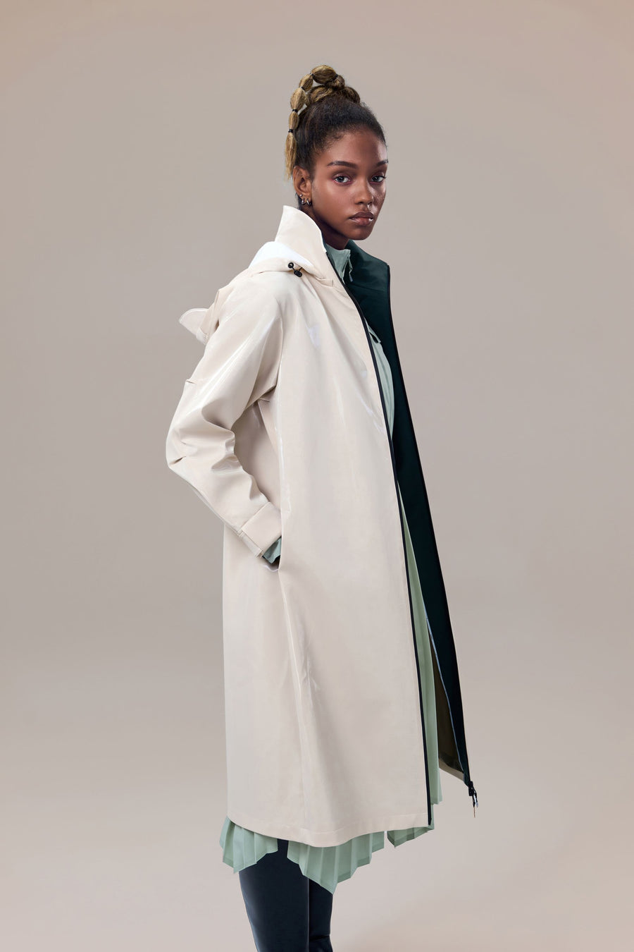 Juniper Glossy Long Windbreaker with Detachable Hood and Side Pockets
