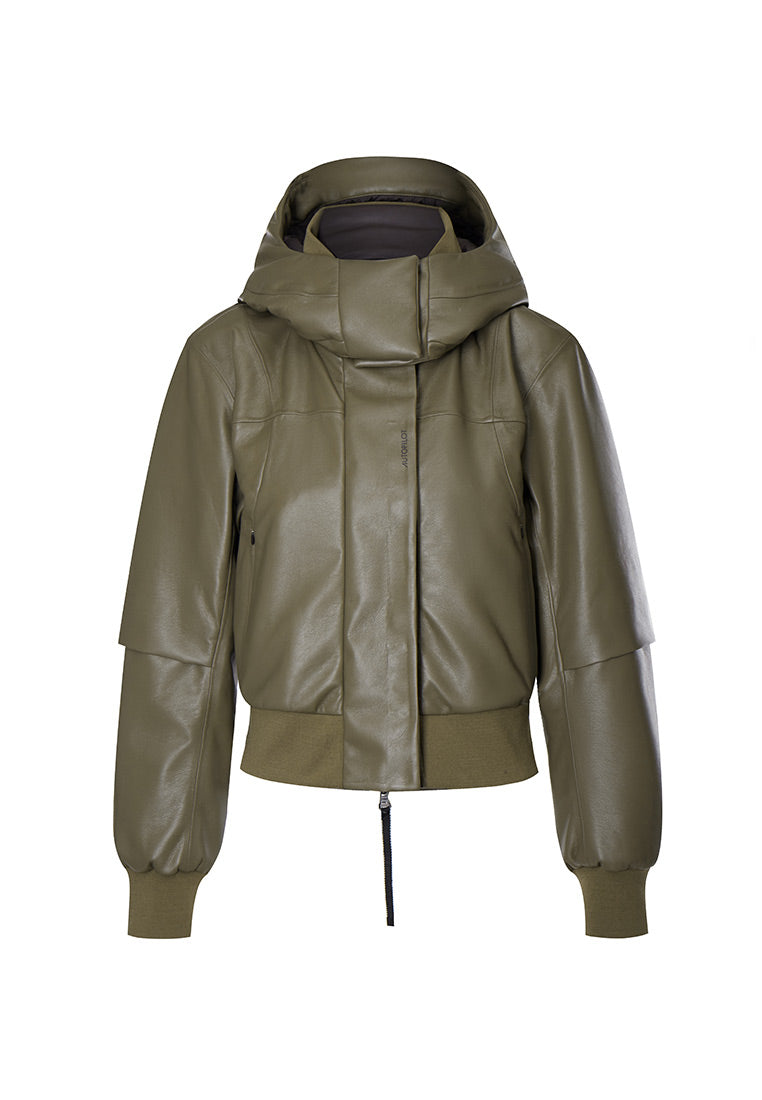 Women kaki bomber vegan leather jacket
