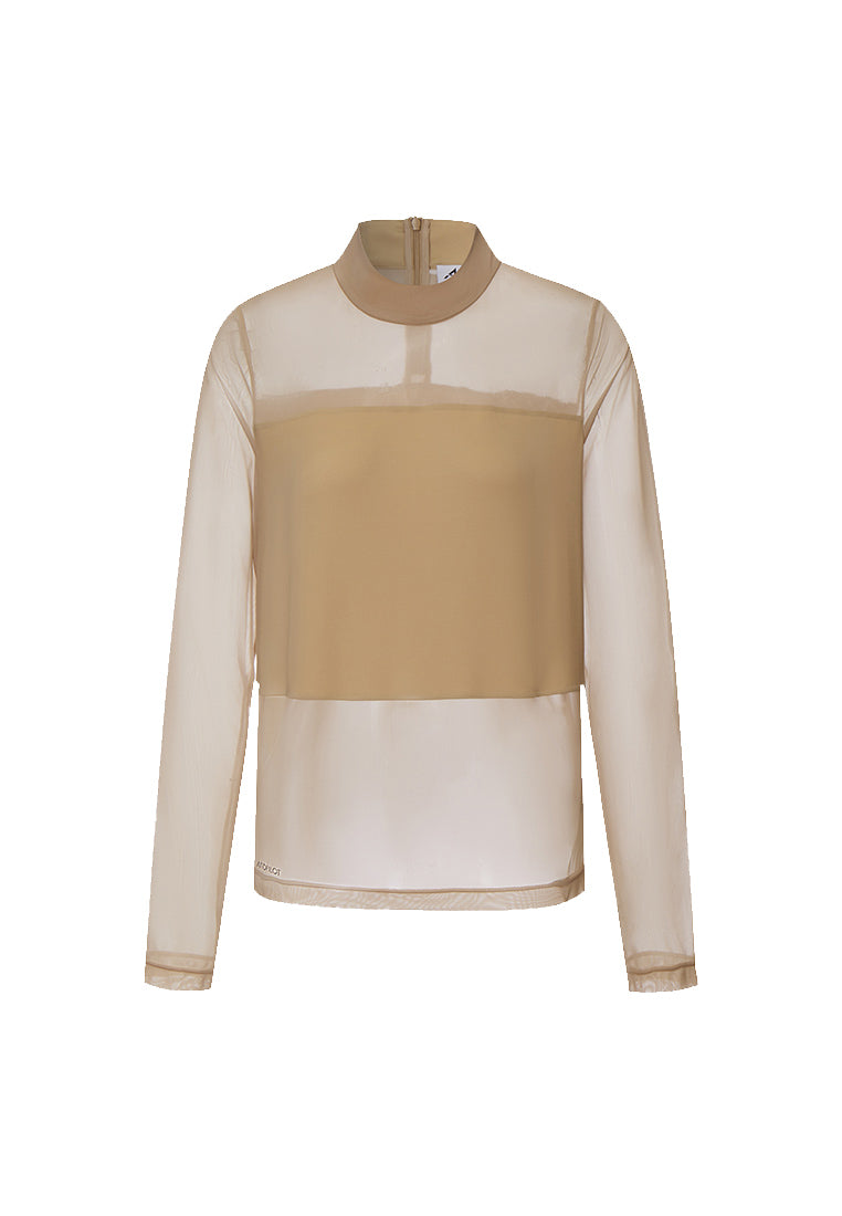 Women Beige see through top long sleeve