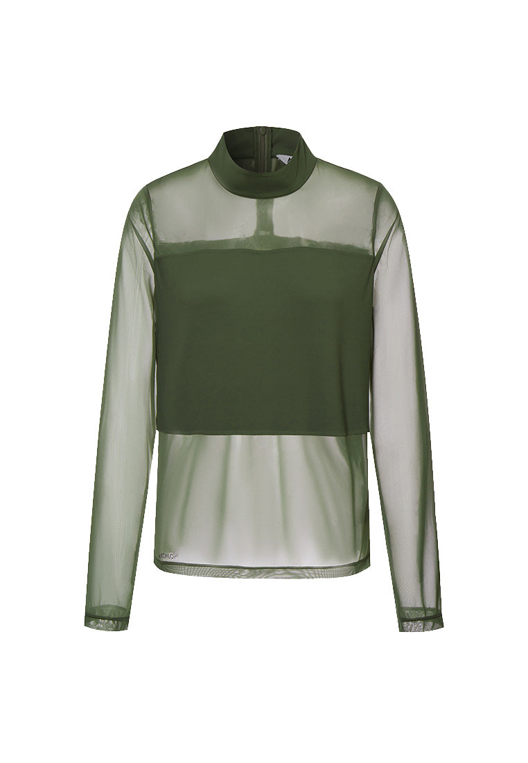 Women Green see through top long sleeve