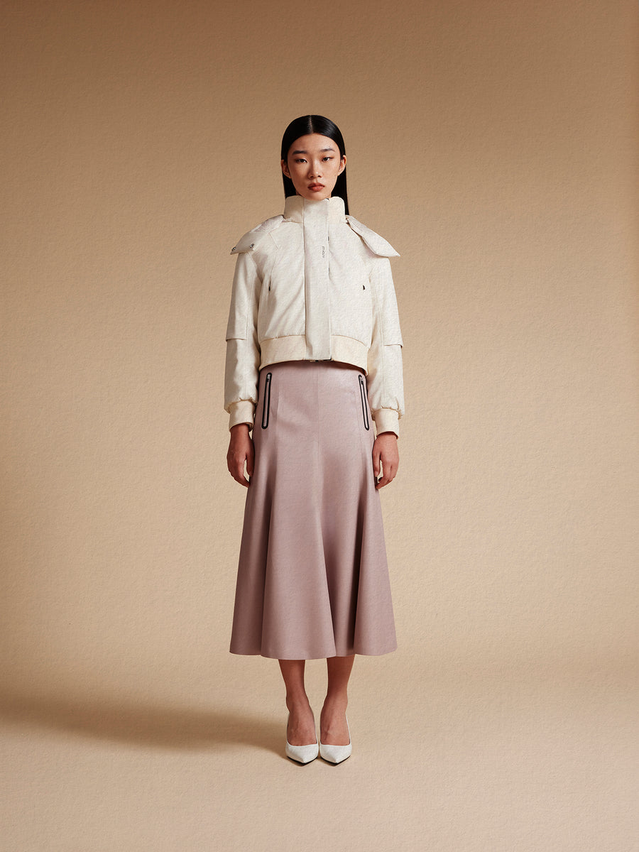 model wear pink vegan leather skirt and bomber jacket