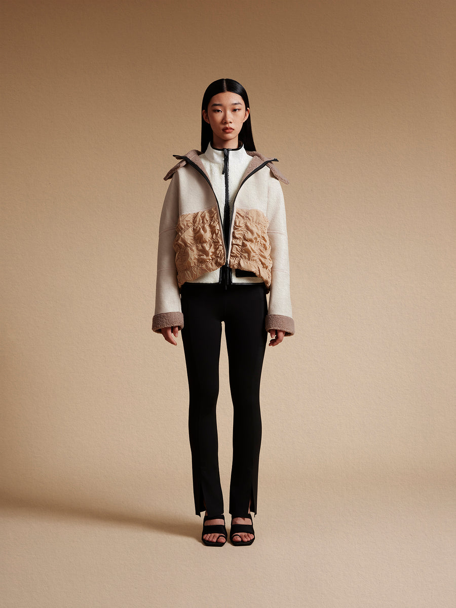 model wear penny jacket with shearling