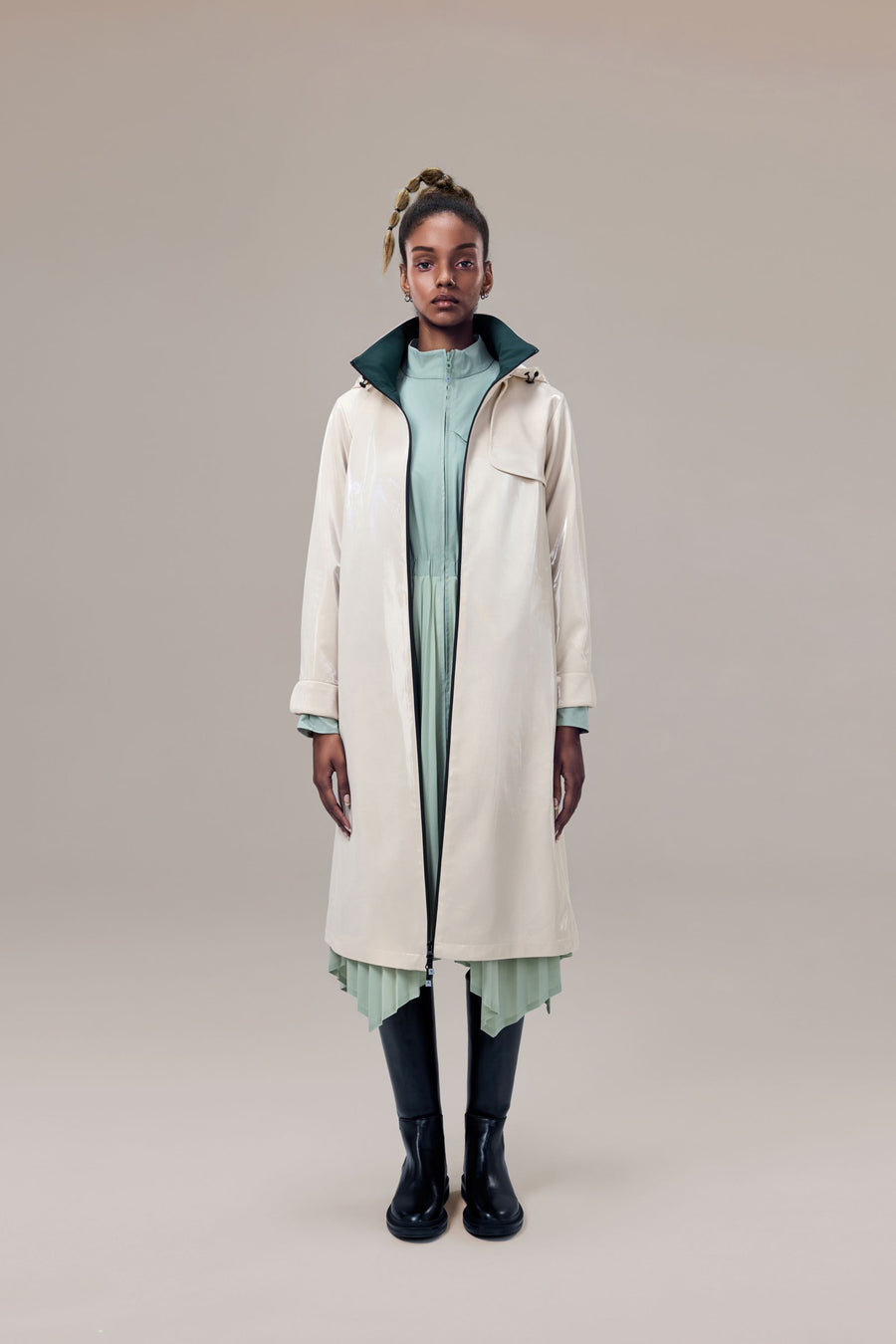 Juniper Glossy Long Windbreaker with Detachable Hood and Side Pockets