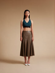 model wear Women kaki vegan leather Skirt